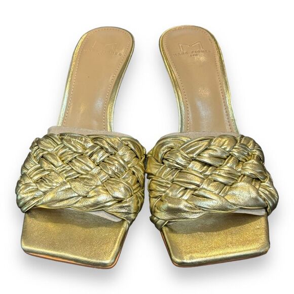 Marc Fisher Women Draya Slide Sandals Heeled Gold Leather Sz 6M - Picture 2 of 8